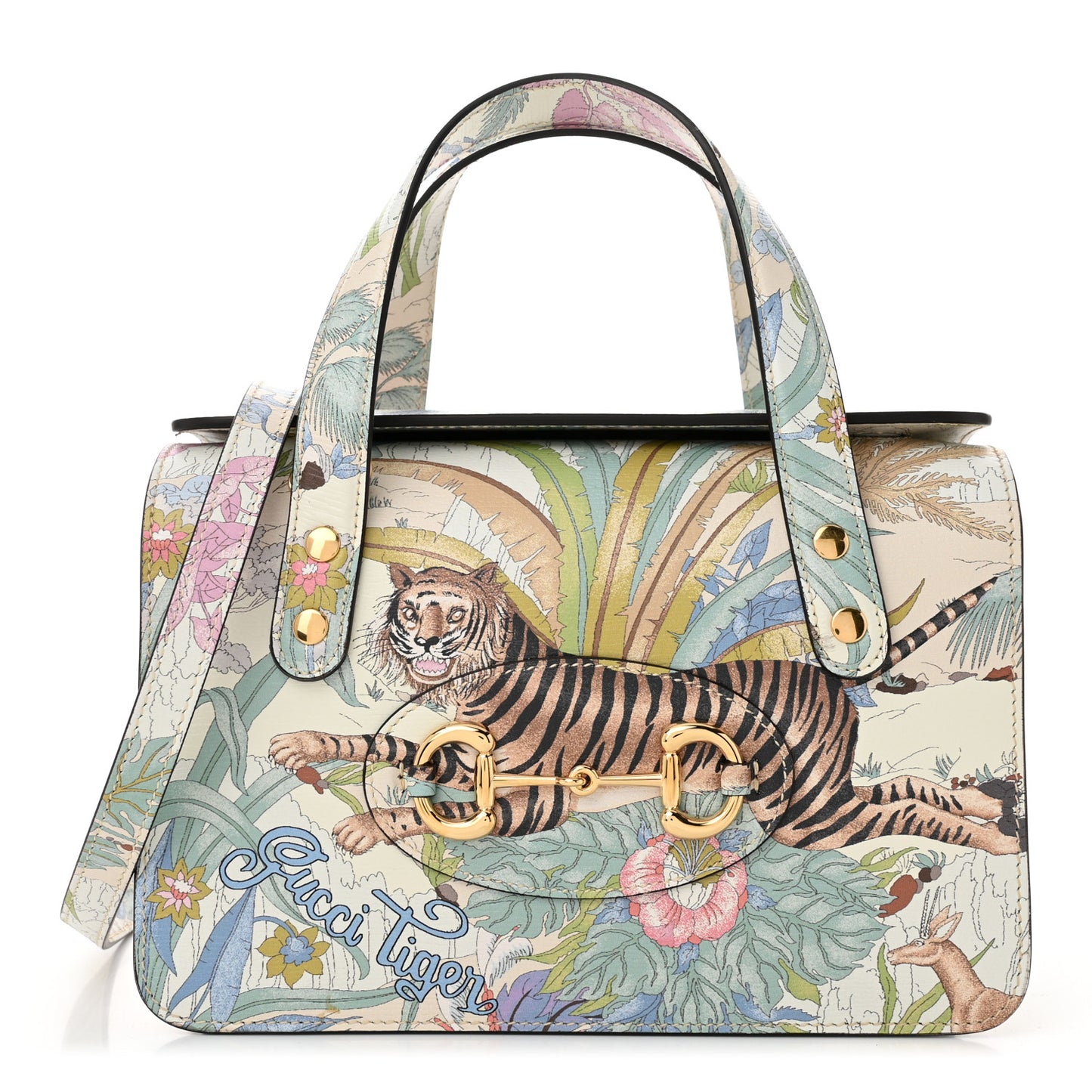 New Shangai Calfskin Tiger Savanah Mini Horsebit 1955 Foldover Top Handle Bag Chalky White Multicolor