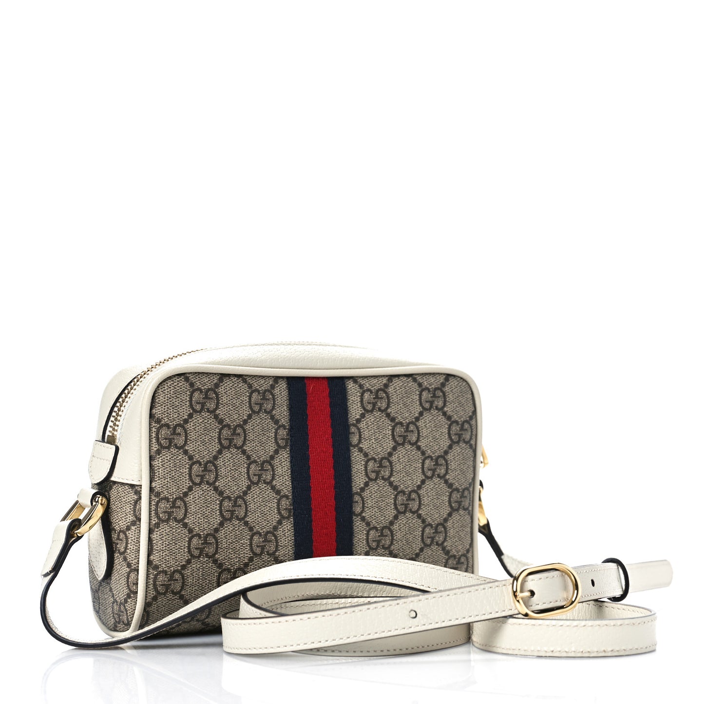 GG Supreme Monogram Textured Calfskin Web Mini Ophidia Shoulder Bag Beige Ebony Mystic White