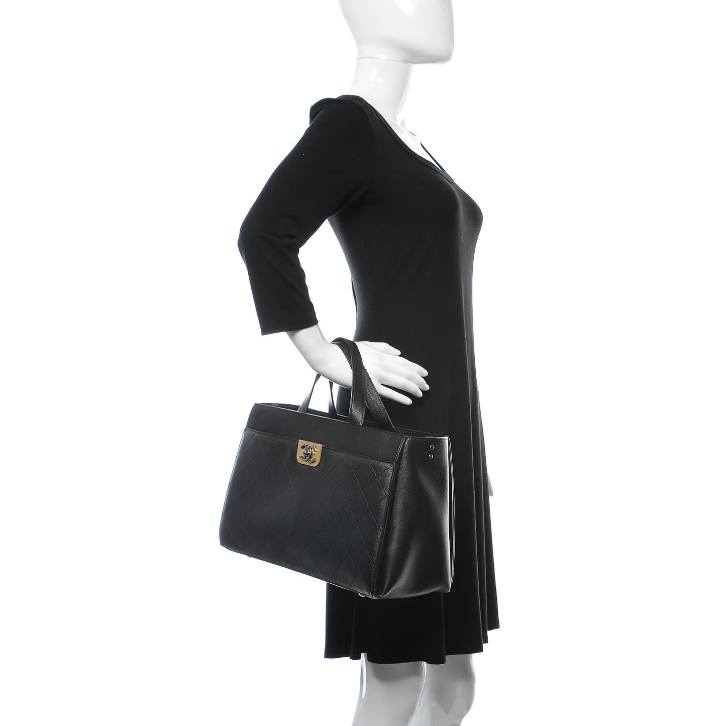 Calfskin Stitched Large Straight Lines Shopping Tote Black