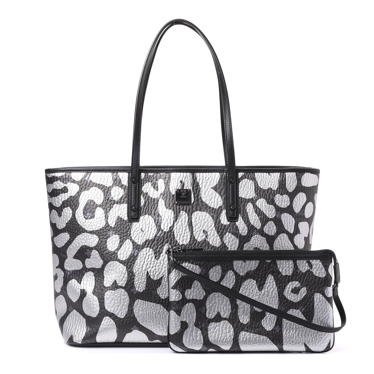 MCM Visetos Metallic Leopard Print Medium Anya Shopper Tote Black 1 of 12