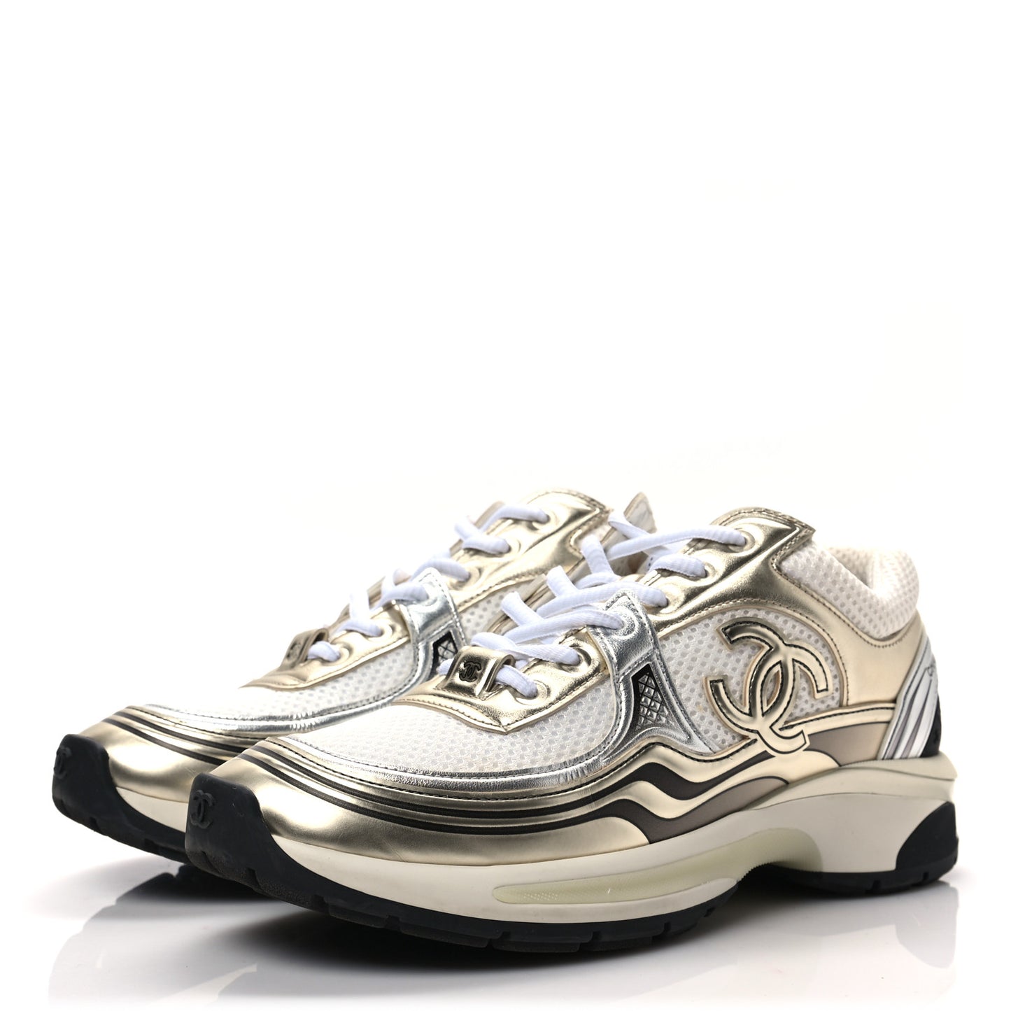 Fabric Laminated Calfskin Stretch CC Sneakers 38 White Gold Silver