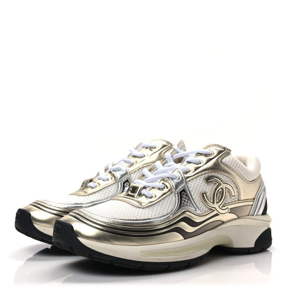 Chanel Fabric Laminated Calfskin Stretch CC Sneakers 38 White Gold Silver 3 of 7