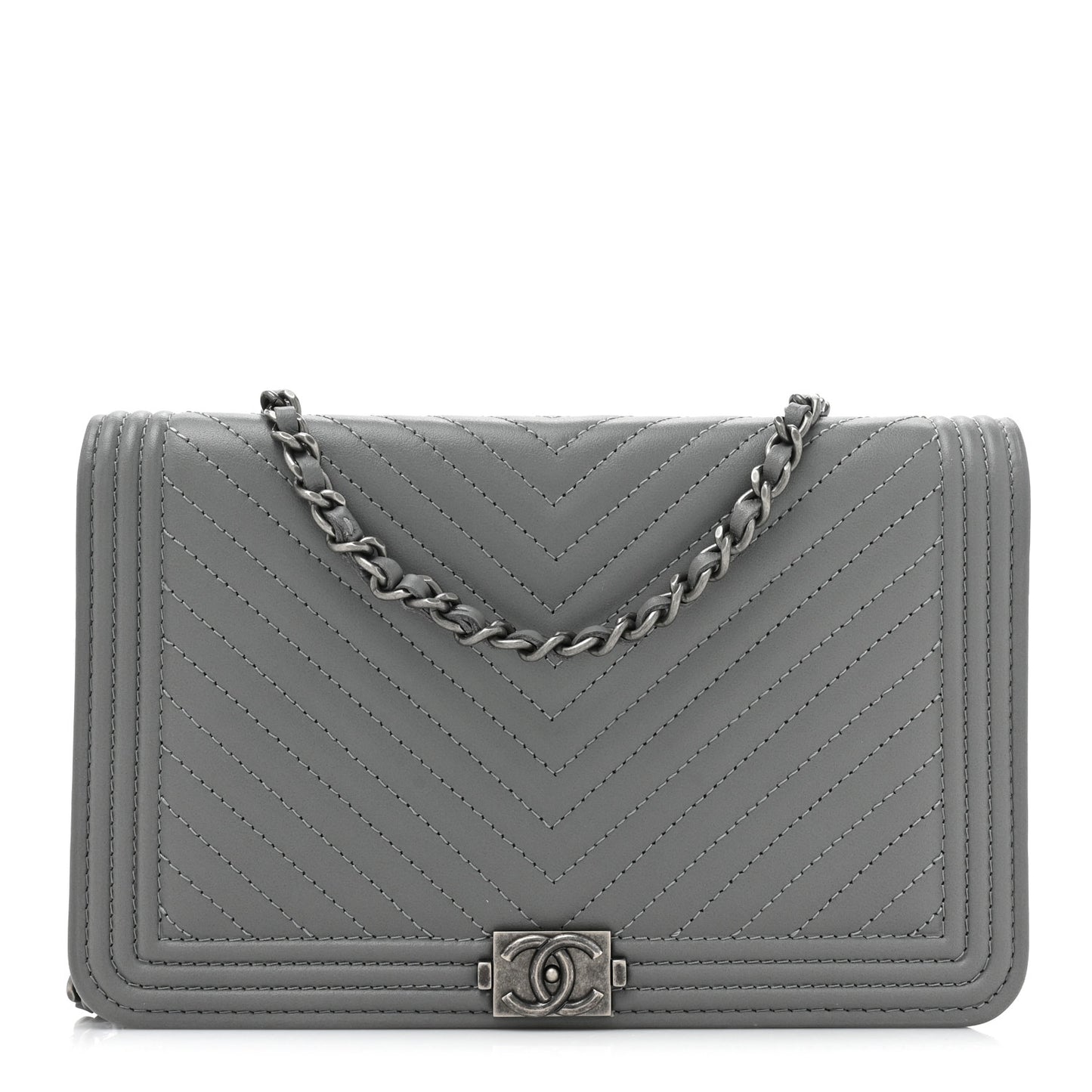 Calfskin Chevron Quilted Boy Wallet On Chain WOC Grey