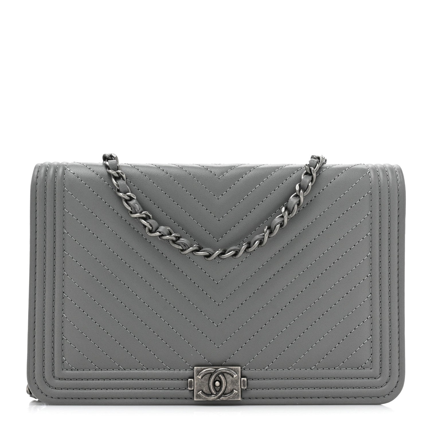 Chanel Calfskin Chevron Quilted Boy Wallet On Chain WOC Grey 1 of 14