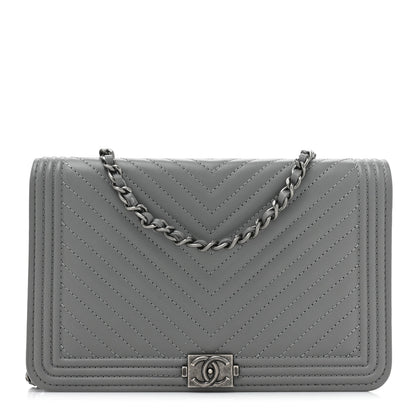 Chanel Calfskin Chevron Quilted Boy Wallet On Chain WOC Grey 1 of 14