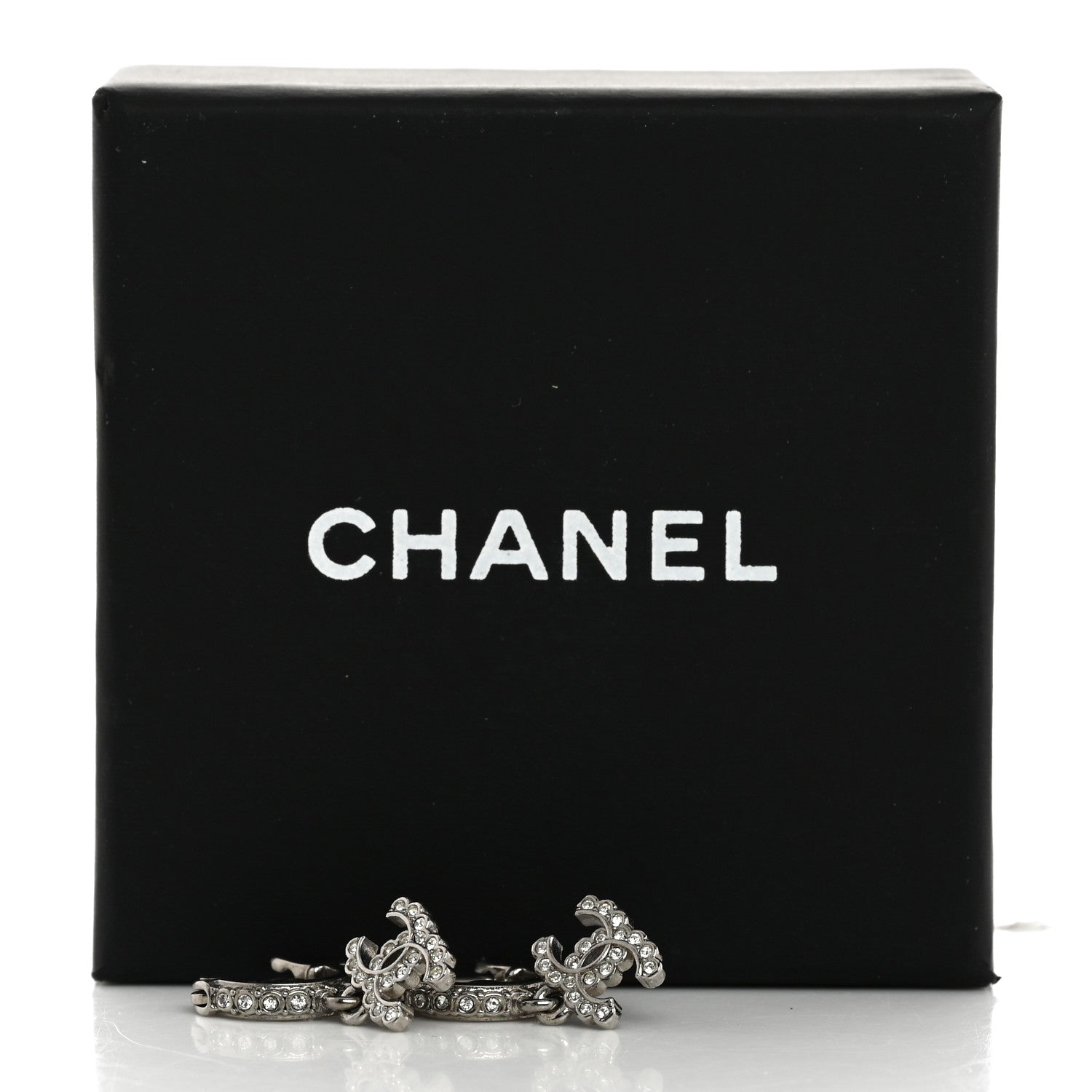 Chanel Metal Crystal CC Hoop Drop Earrings Silver 5 of 5