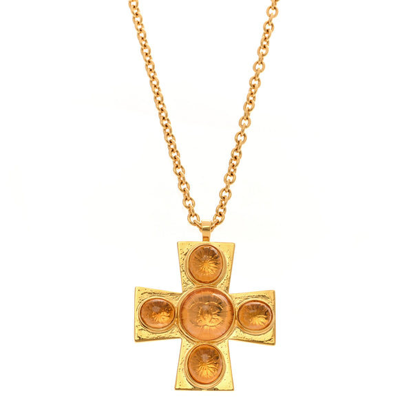 Chanel Gripoix Crystal CC Cross Pendant Necklace Gold Orange
