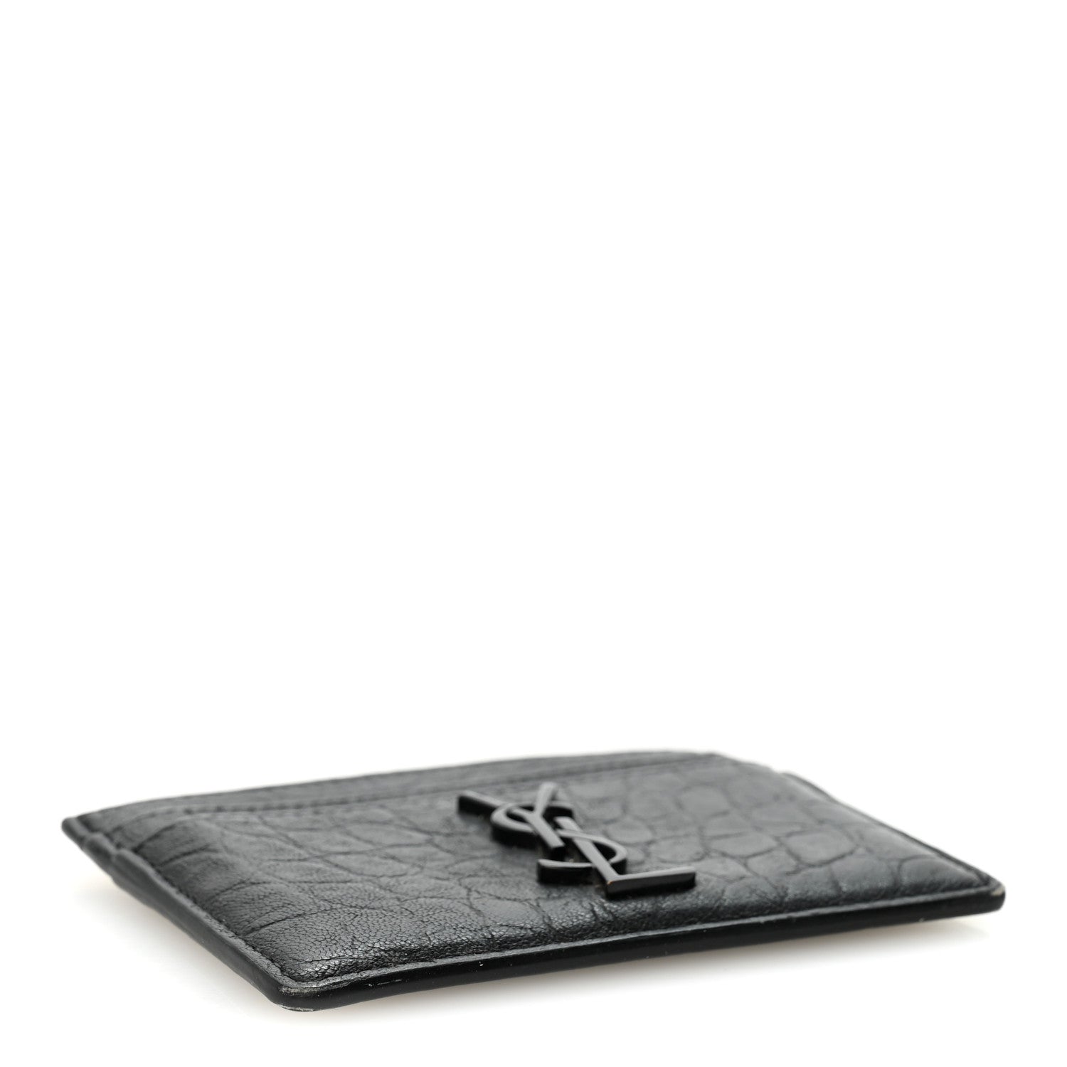 Saint Laurent Calfskin Crocodile Embossed Monogram Credit Card Case Black 4 of 10