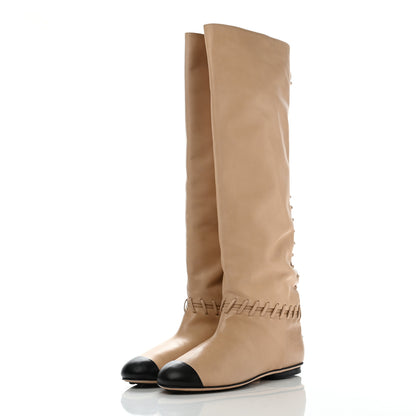 Chanel Lambskin Lace Up Cap Toe High Boots 37 Beige Black 3 of 13