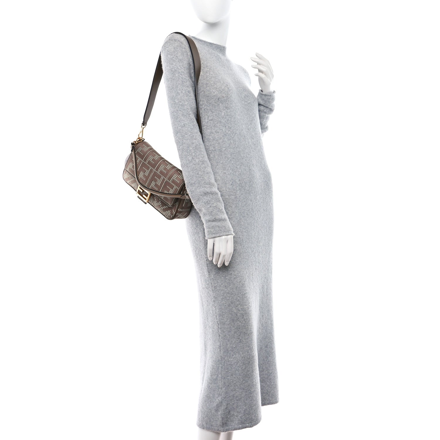 Fendi Wool Vitello King Houndstooth FF Embroidered Baguette Beige Moro 2 of 12