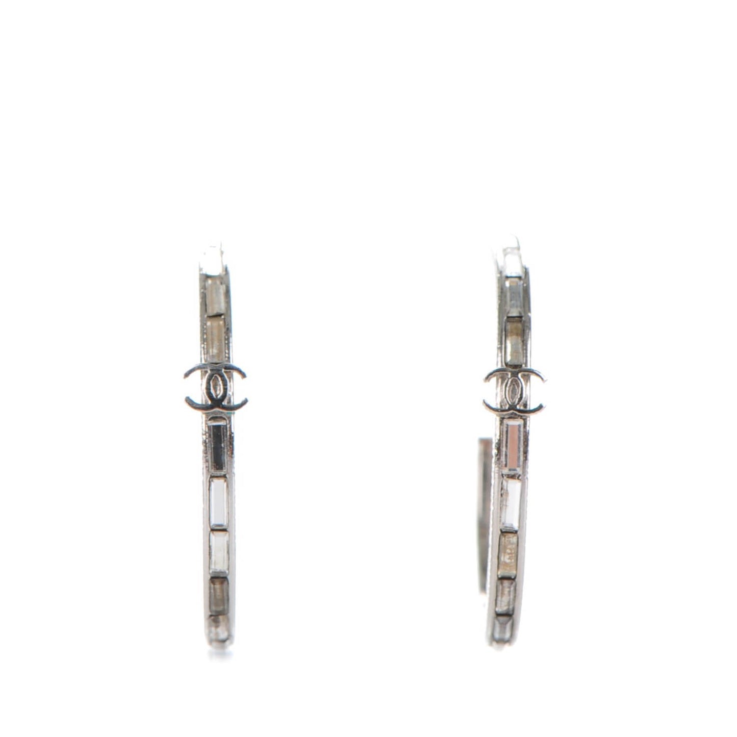 Baguette Crystal CC Hoop Earrings Silver