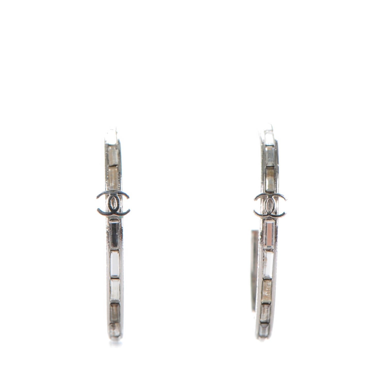 Chanel Baguette Crystal CC Hoop Earrings Silver 3 of 5