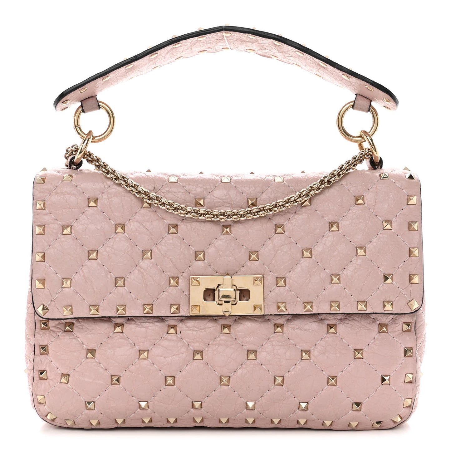 Craquele Nappa Medium Rockstud Spike Shoulder Bag Water Rose