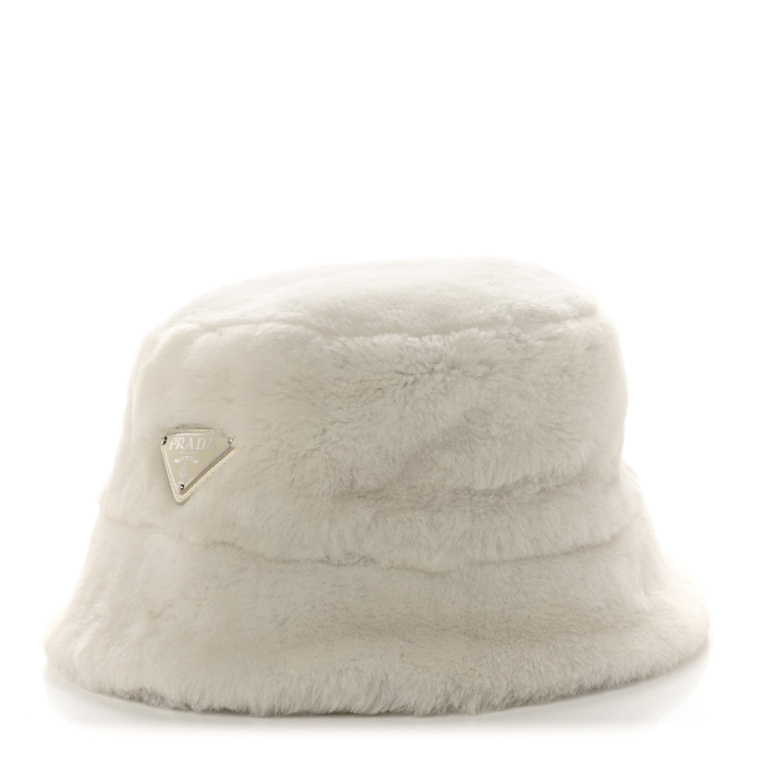 Prada Shearling Metal Triangle Logo Womens Bucket Hat M White 1 of 8
