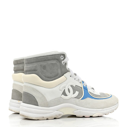 Chanel Suede Calfskin Lambskin High Top CC Sneakers 37 White Blue 4 of 14