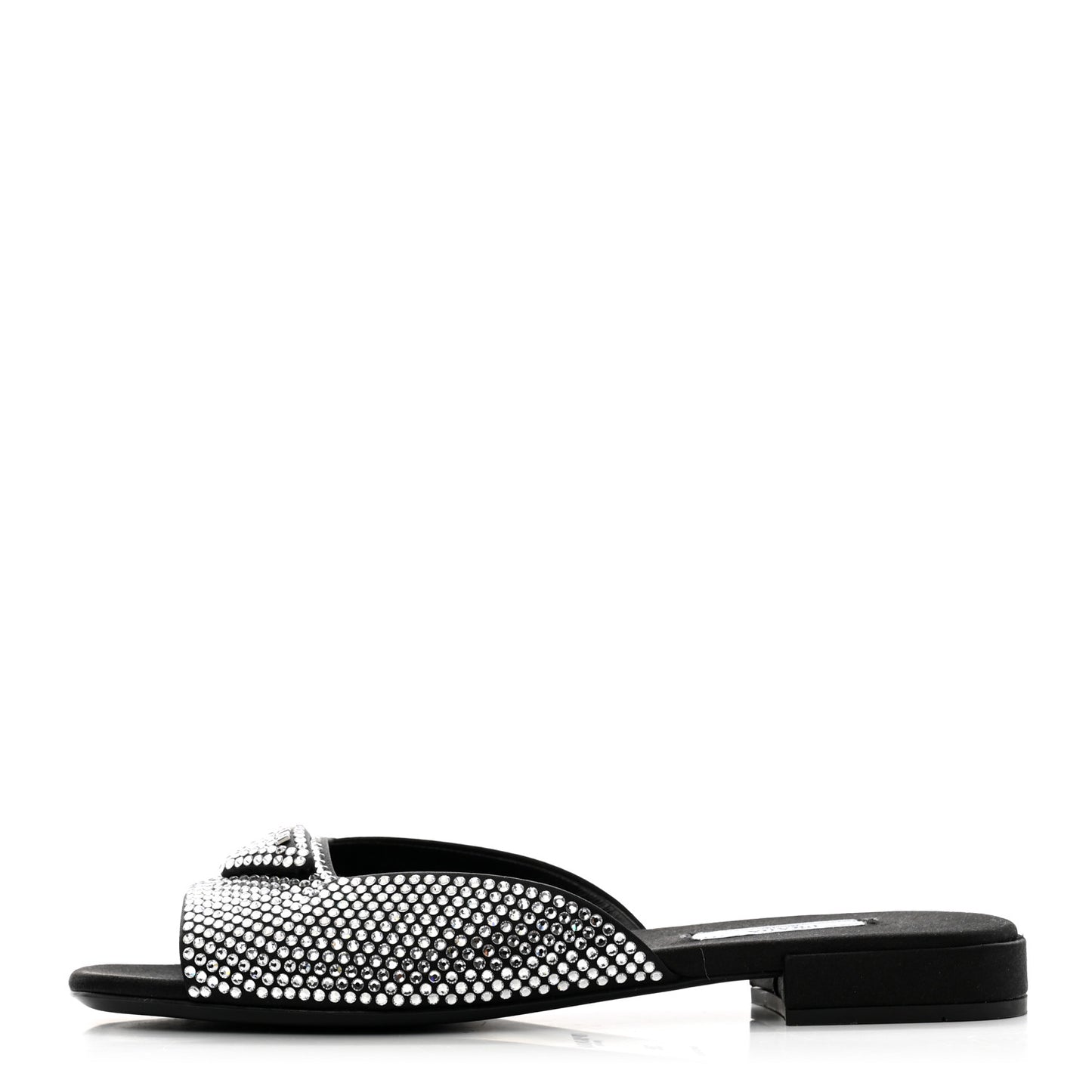 Satin Crystal Logo 10mm Slide Sandals 39 Black