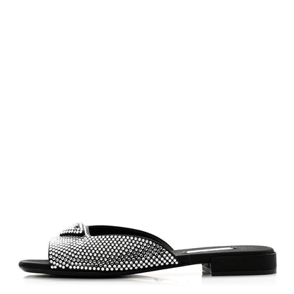 Prada Satin Crystal Logo 10mm Slide Sandals 39 Black 1 of 8