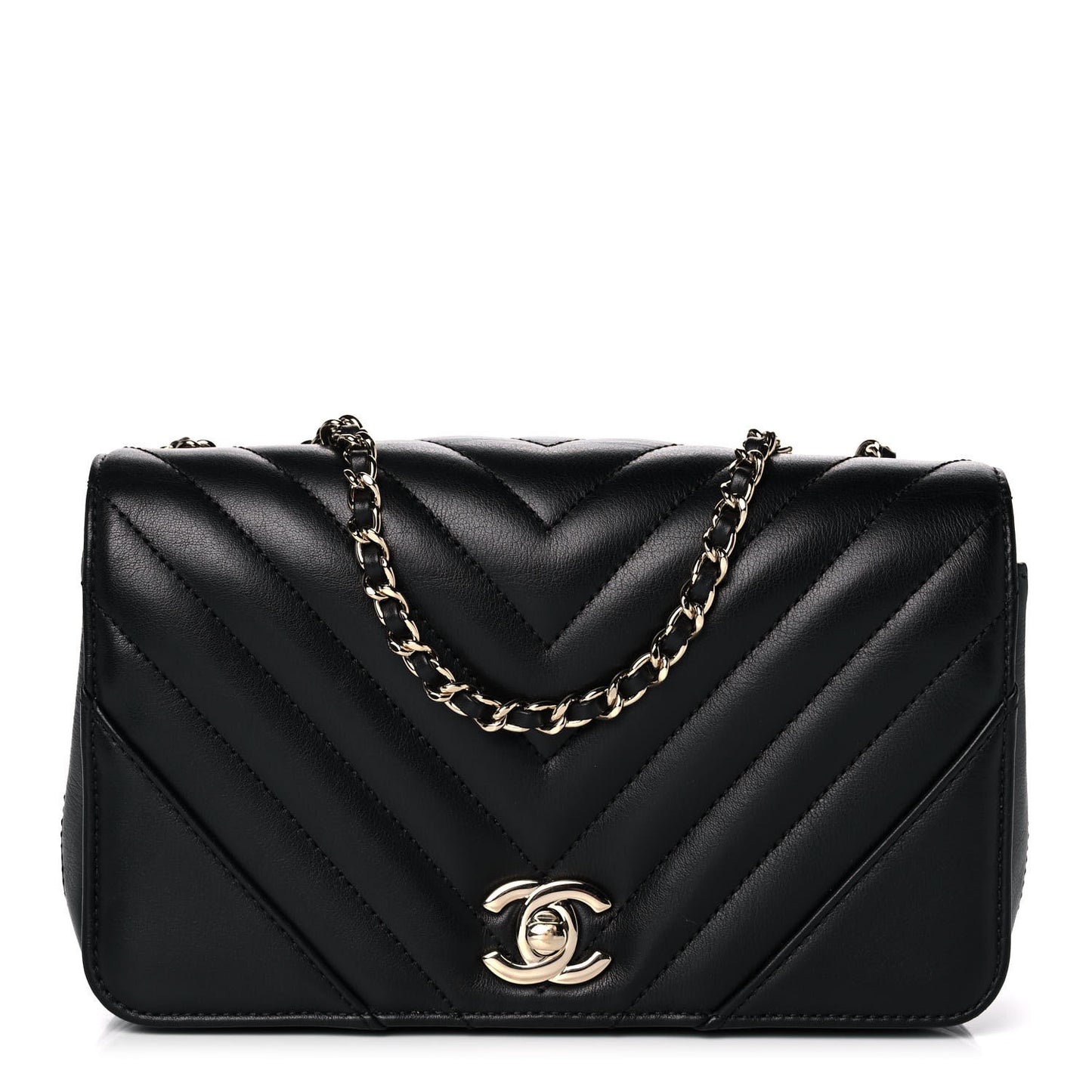 Calfskin Chevron Quilted Mini Statement Flap Black