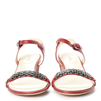 Chanel Lambskin CC Pearl Chain Sandals 38.5 Red 2 of 9