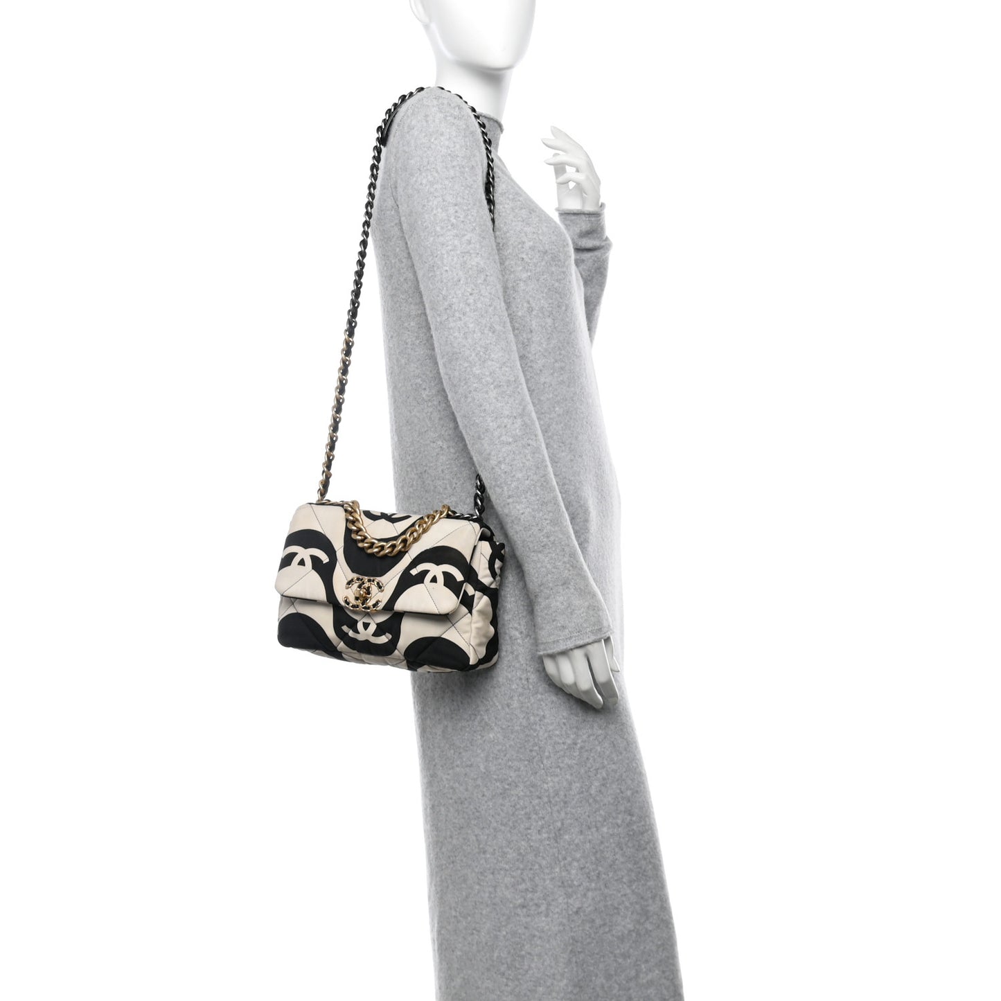 Fabric Printed Medium Chanel 19 Flap Black Ecru