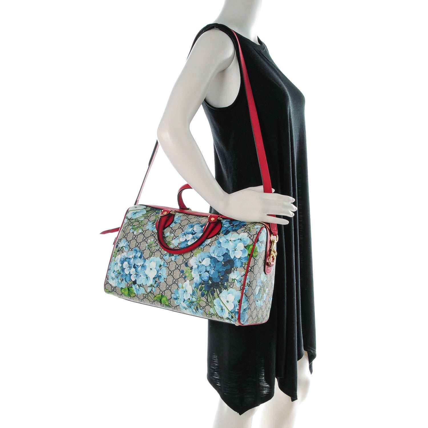 Gucci GG Supreme Monogram Blooms Medium Boston Beige Blue Navy Hibiscus Red 2 of 7