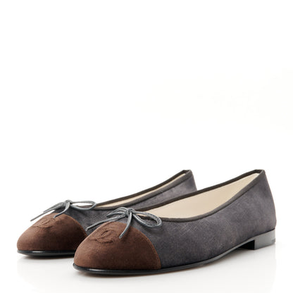 Chanel Velvet Cap Toe CC Ballerina Flats 38 Dark Gray Brown 3 of 9