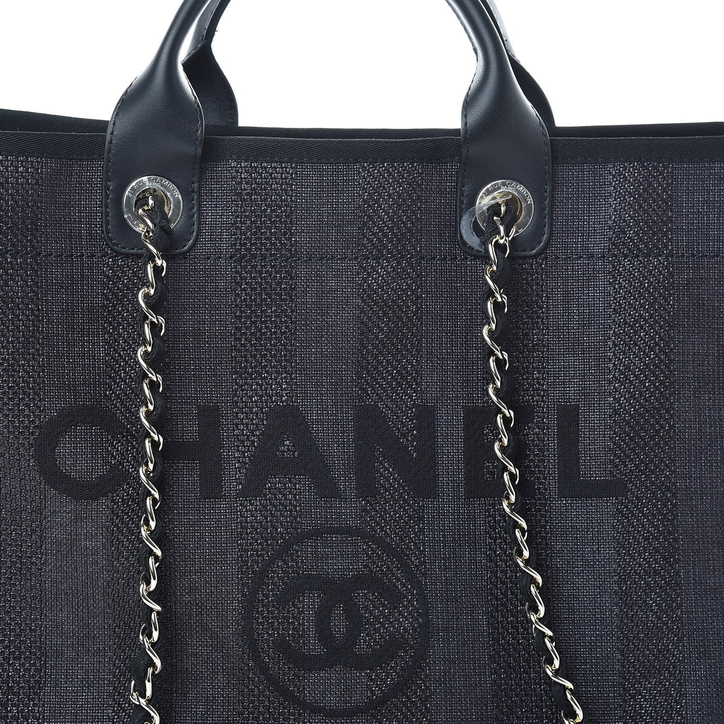 Straw Raffia Calfskin Striped Large Deauville Tote Black