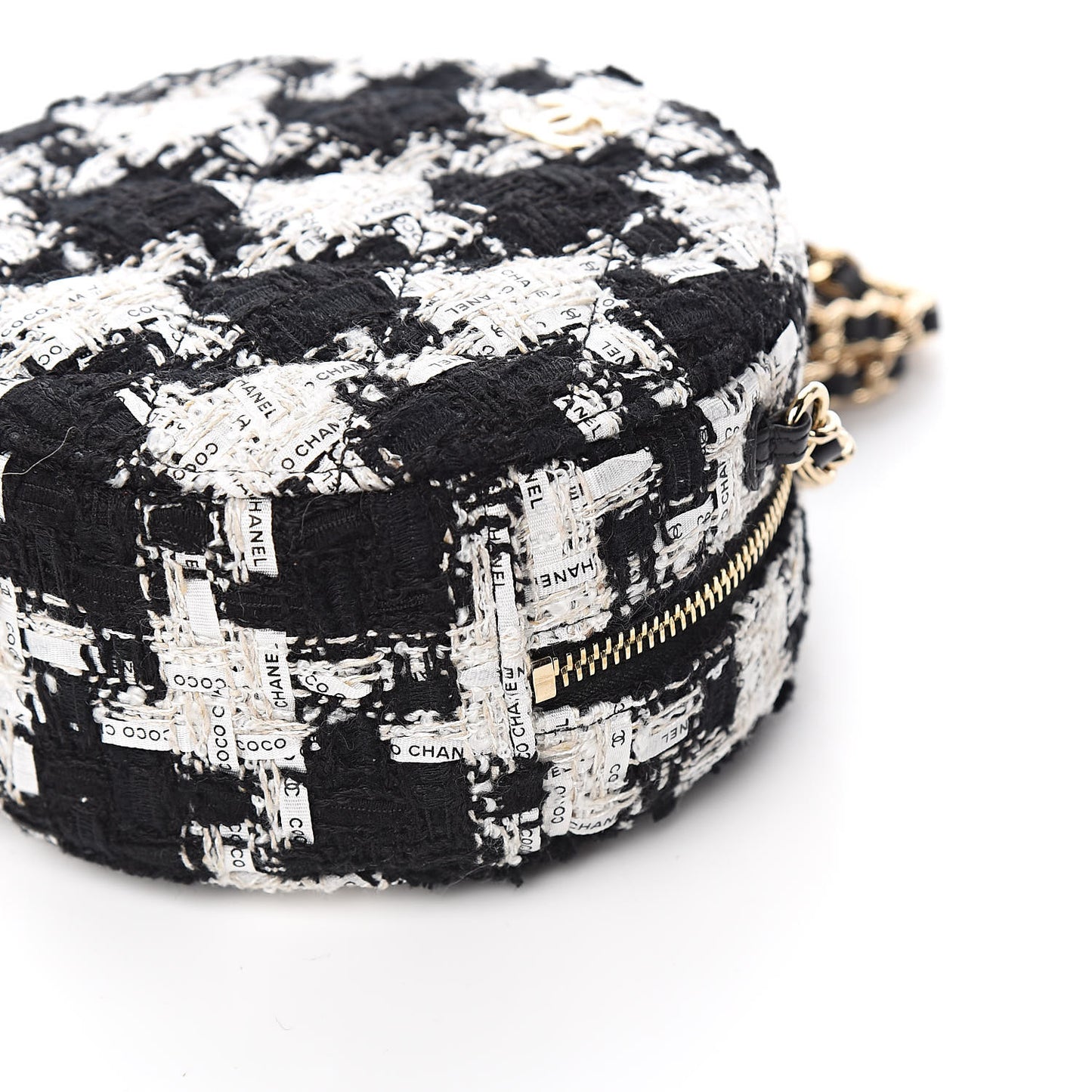 Tweed Round Clutch With Chain Black White