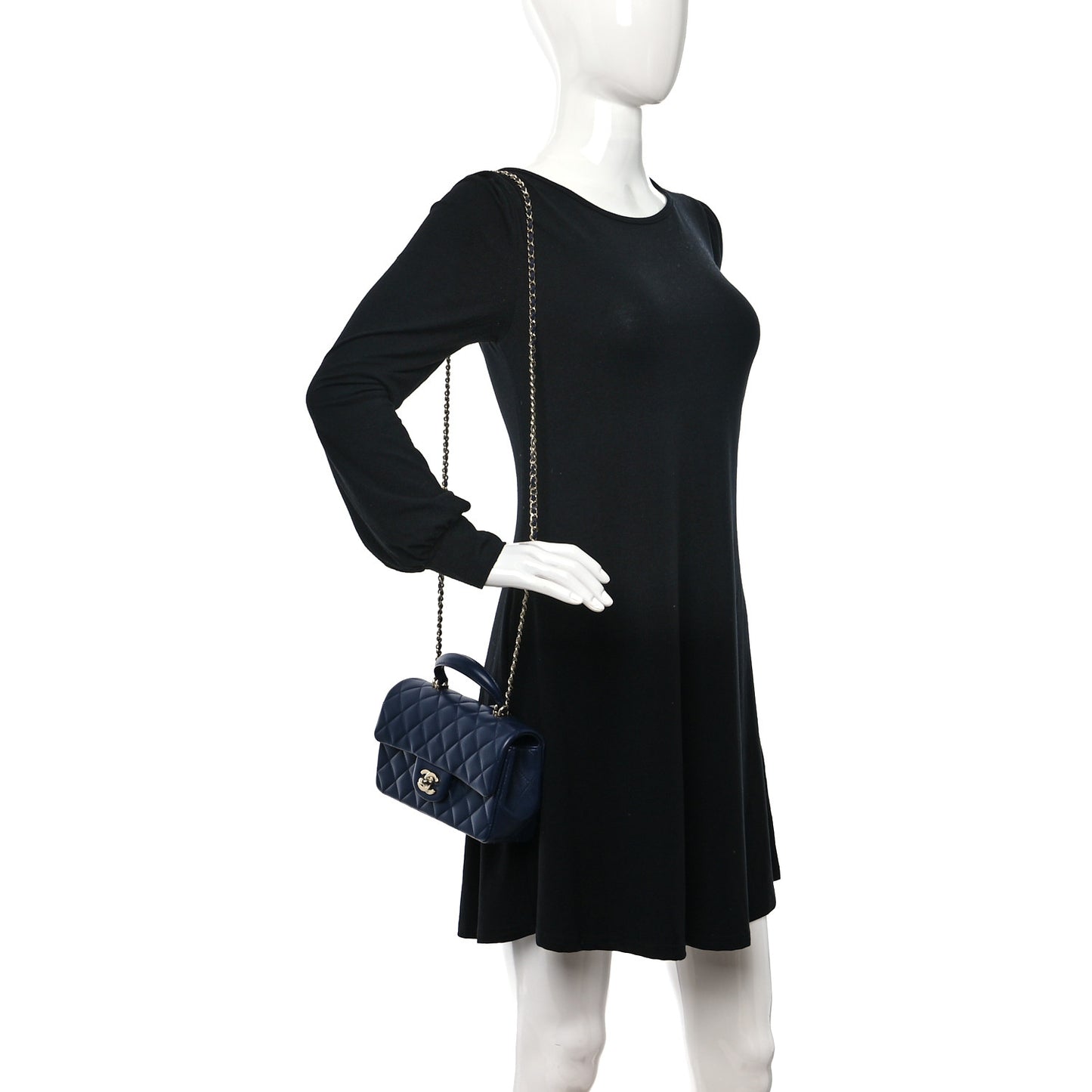 Lambskin Quilted Mini Top Handle Rectangular Flap Navy Blue