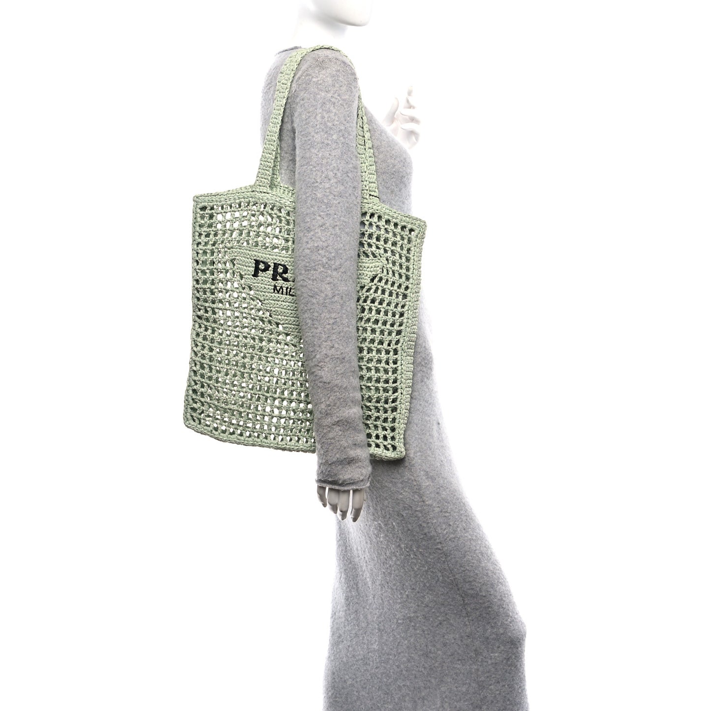 Yarn Raffia Effect Crochet Logo Embroidered Tote Bag Acqua