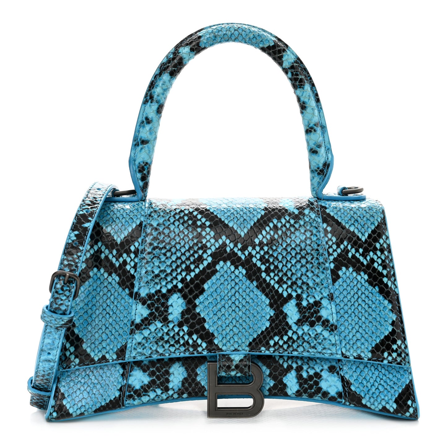 Shiny Calfskin Python Effect Small Hourglass Top Handle Bag Azur Black