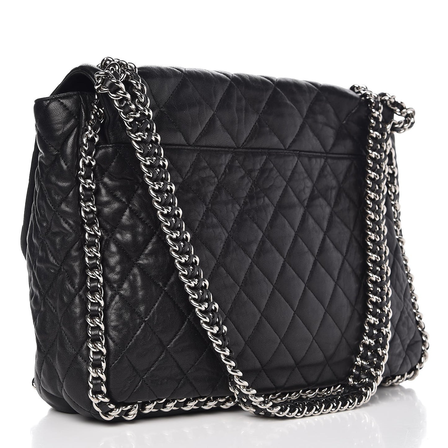 Washed Lambskin Quilted Maxi Chain Around Flap Black