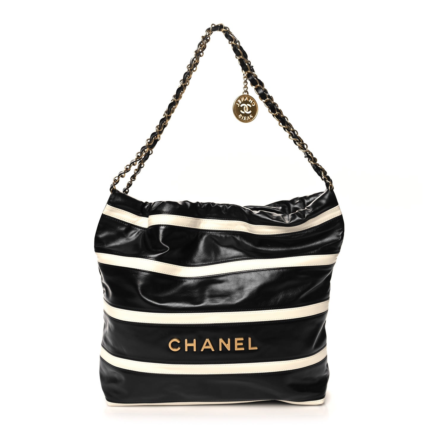 Shiny Calfskin Striped Small Chanel 22 Black White