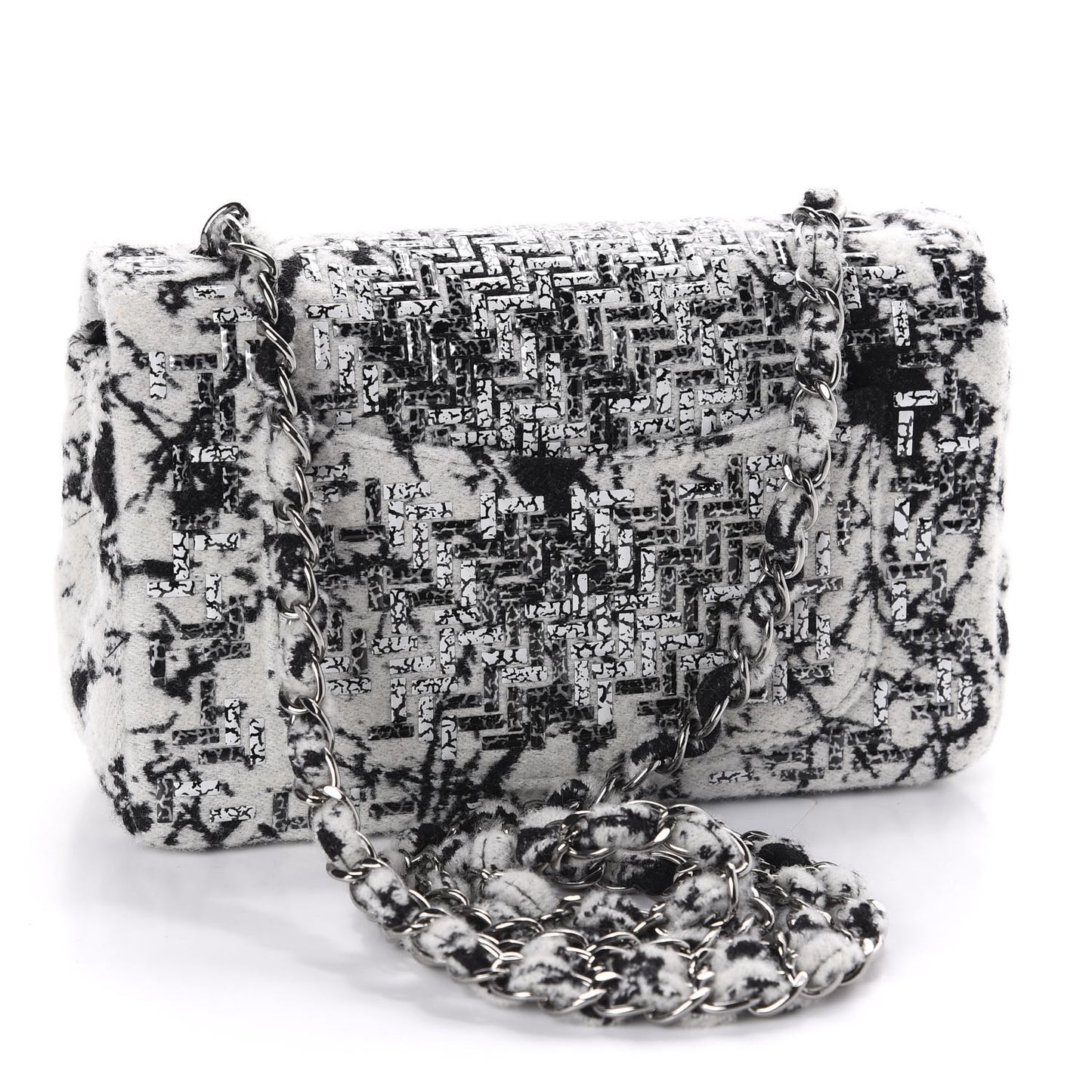Tweed Patent Woven Mini Rectangular Flap Ecru Black