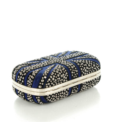 Alexander McQueen Suede Studded Britannia Skull Box Clutch Blue Black 3 of 9