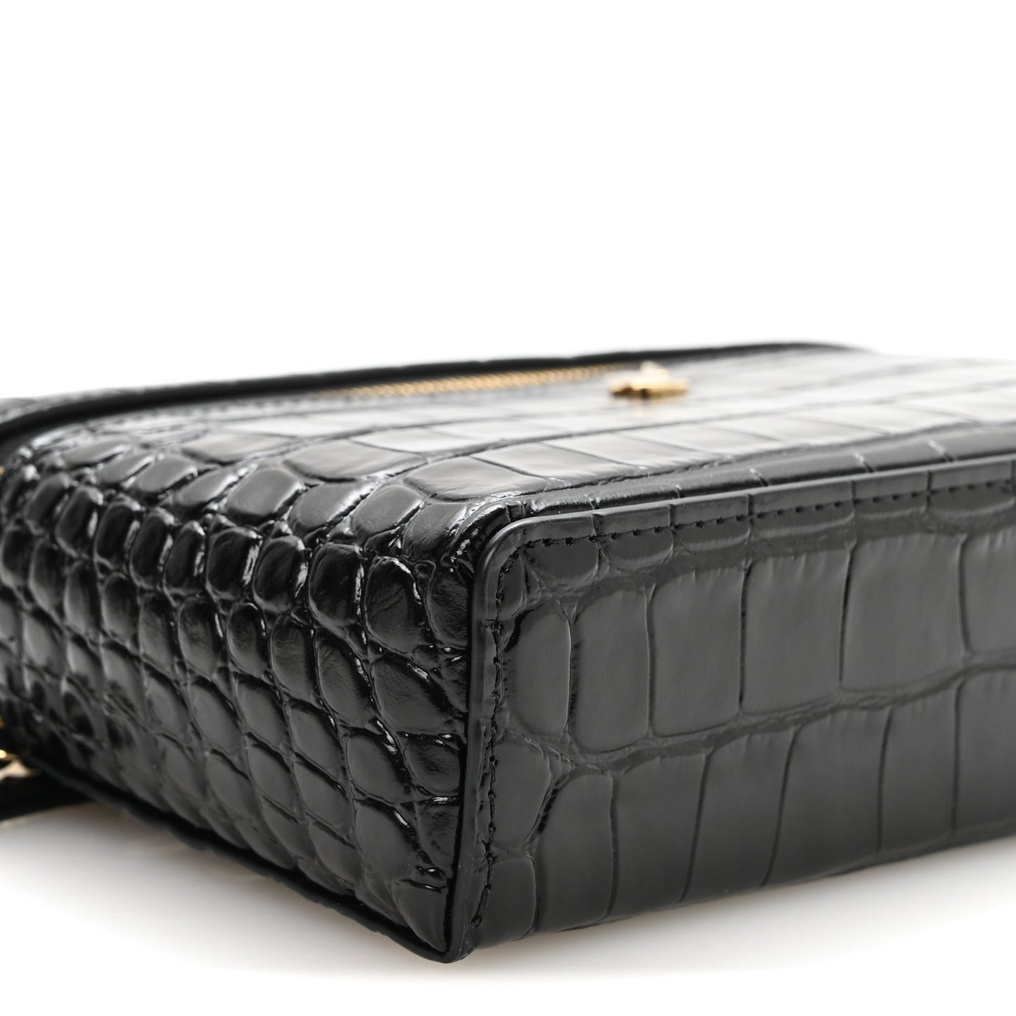 Calfskin Crocodile Embossed Crococo Top Handle Slim Vanity Case With Chain Black
