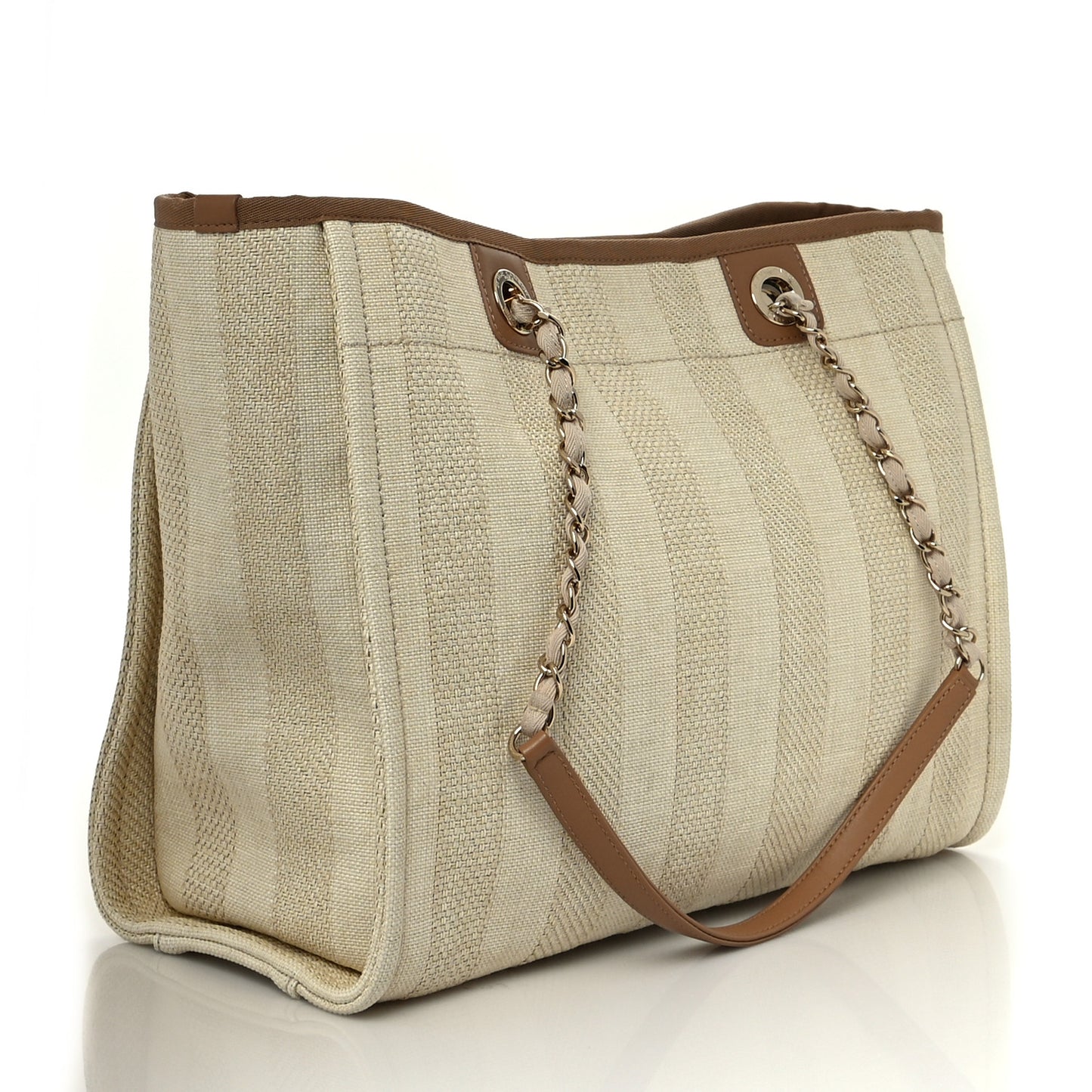 Mixed Fibers Calfskin Striped Small Deauville Tote Beige