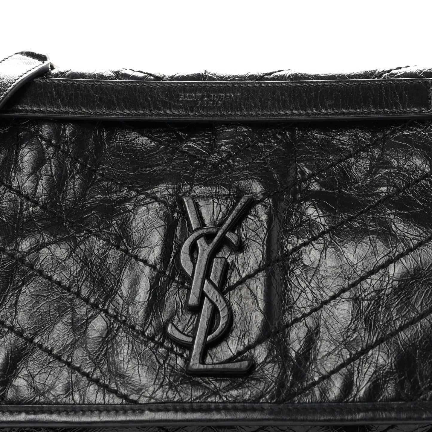 Crinkled Calfskin Matelasse Monogram Medium Niki Chain Satchel Black