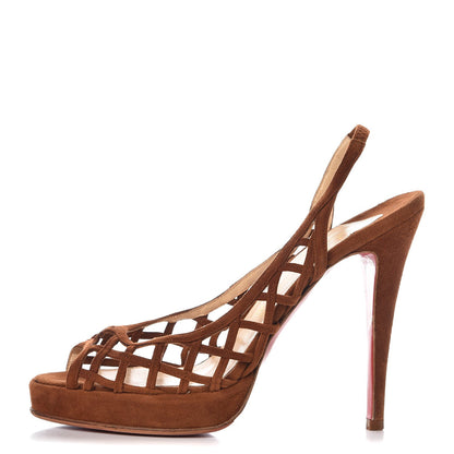 Christian Louboutin Suede Nuit D'Ete Platform Slingback Peep Toe Pumps 39 Marron 1 of 11