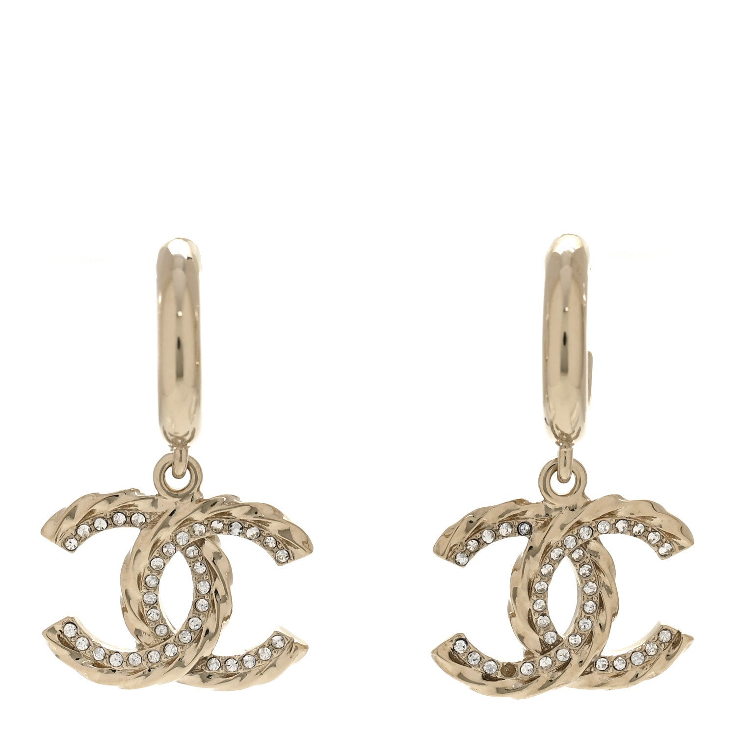 Chanel Metal Crystal CC Hoop Drop Earrings Gold 1 of 6