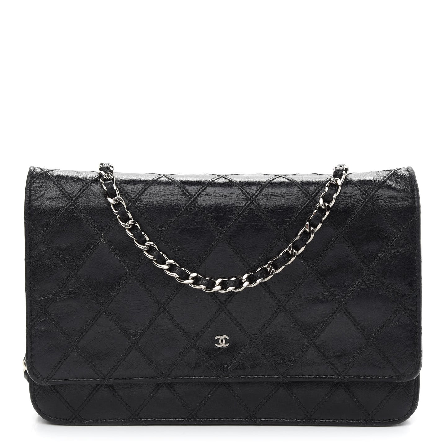 Lambskin Diamond Stitched Wallet On Chain WOC Black