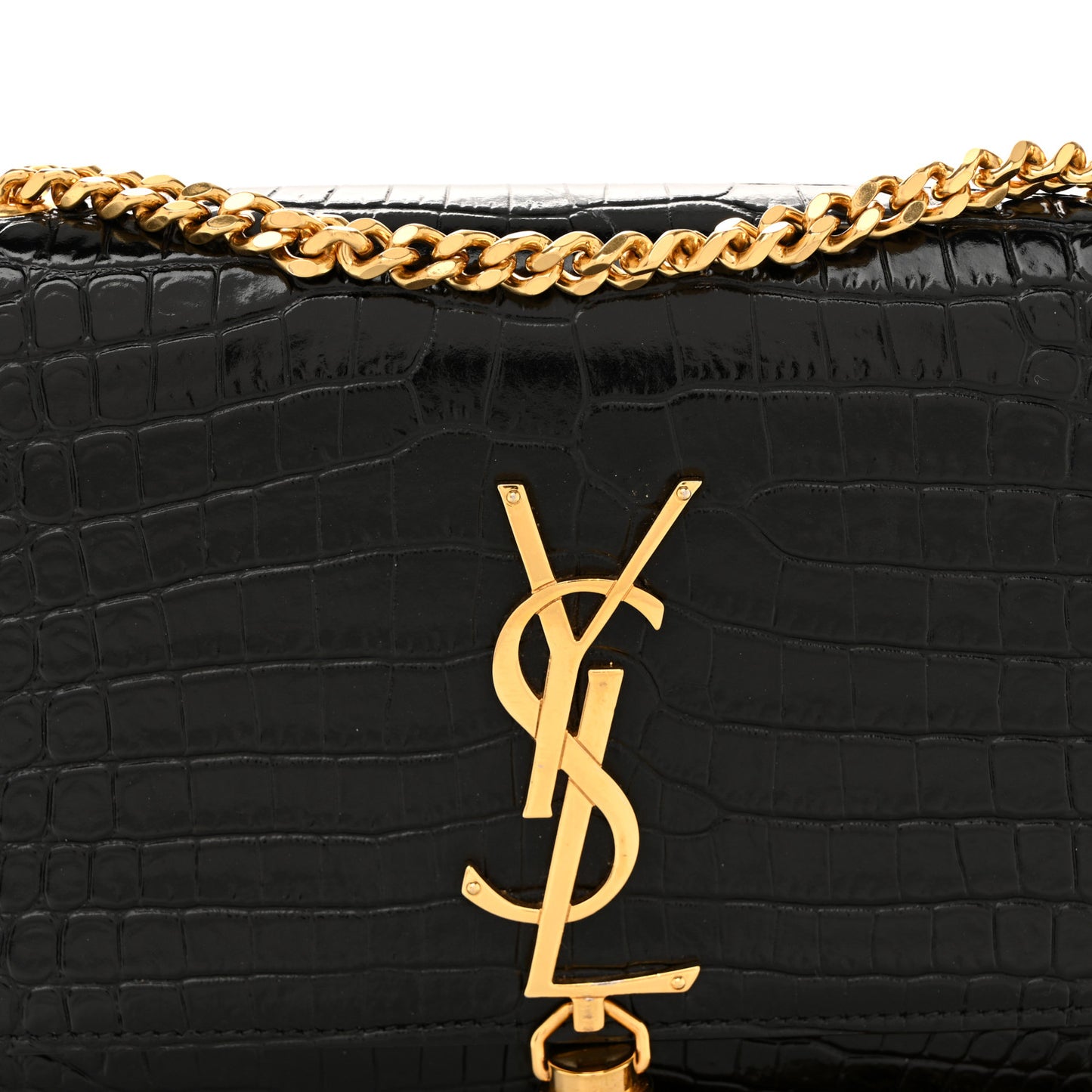 Calfskin Crocodile Embossed Small Classic Monogram Kate Tassel Satchel Black