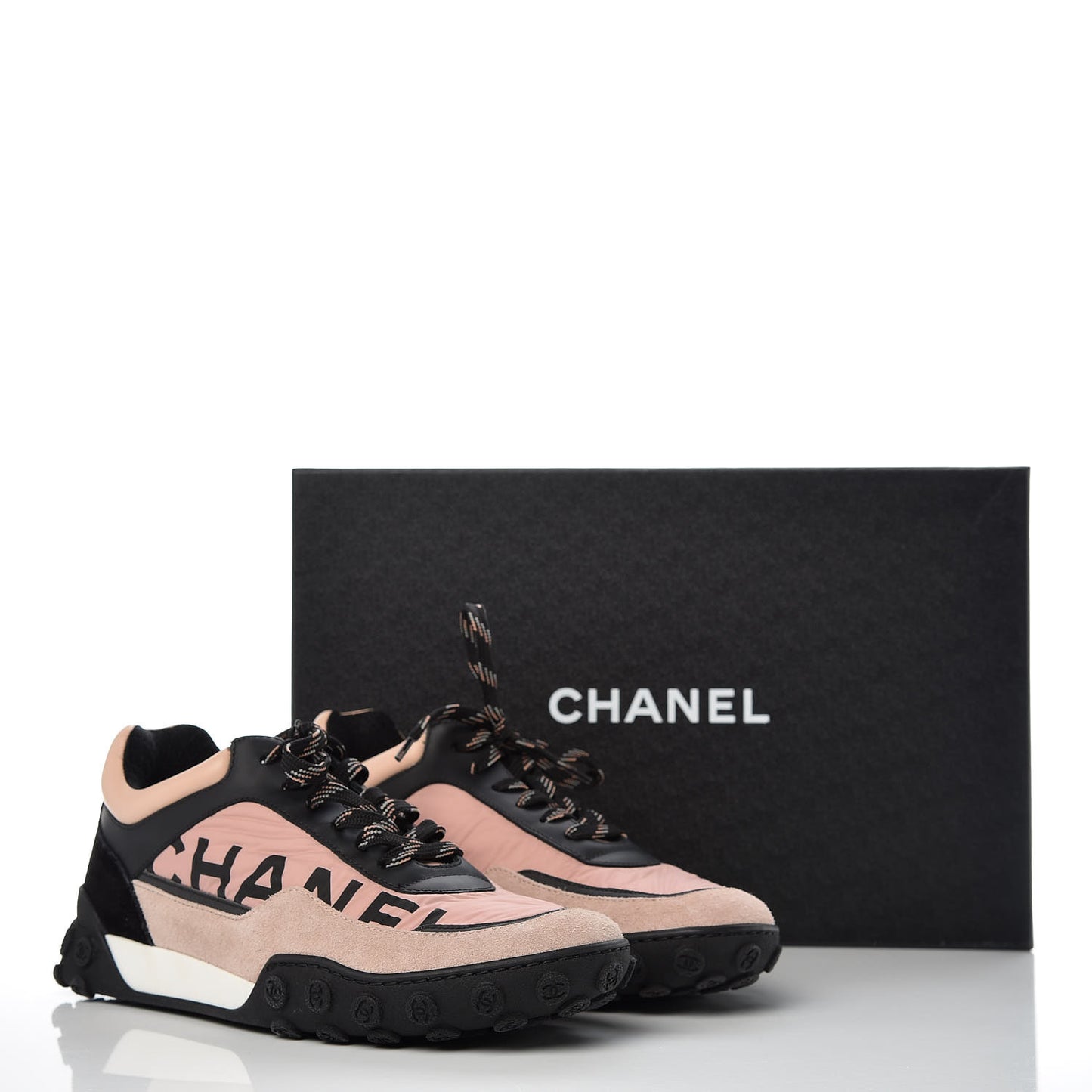 Nylon Calfskin Suede CC Womens Sneakers 37.5 Pink Black