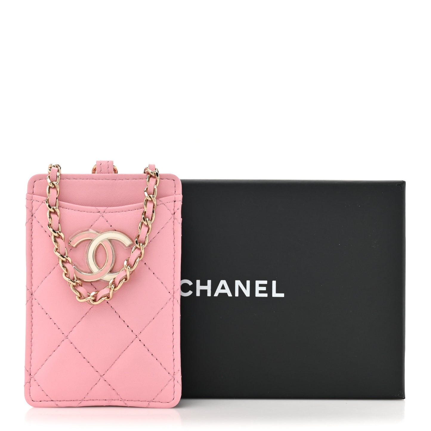 Lambskin Quilted Chanel Card Holder On Chain Pink