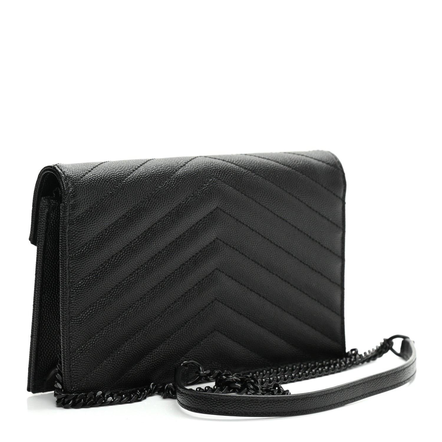 Saint Laurent Grain De Poudre Matelasse Chevron Monogram Monochrome Envelope Chain Wallet Black 2 of 7