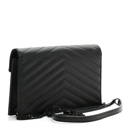 Saint Laurent Grain De Poudre Matelasse Chevron Monogram Monochrome Envelope Chain Wallet Black 2 of 7