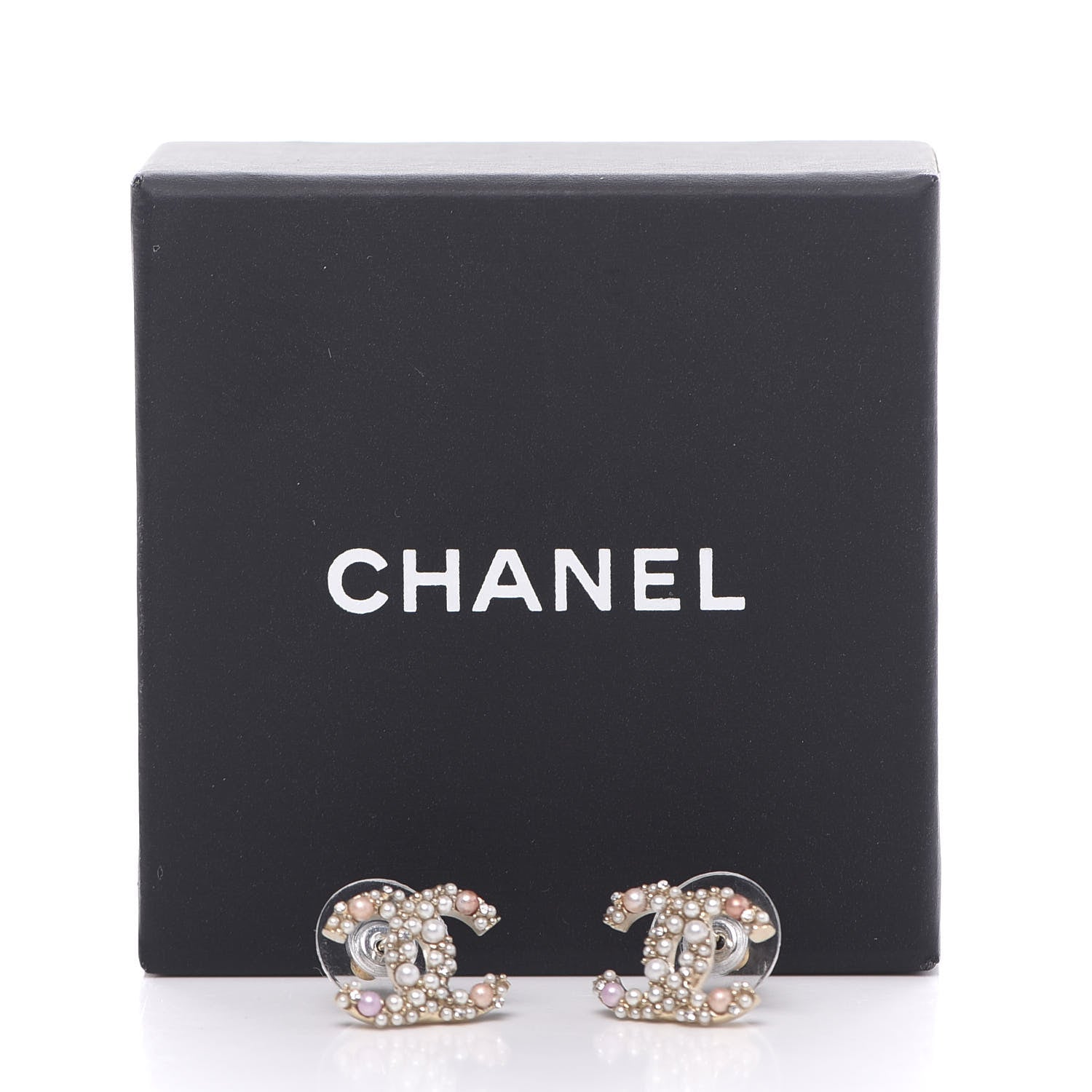 Chanel Pearl Crystal CC Charms Stud Earrings Light Gold Pink 5 of 5
