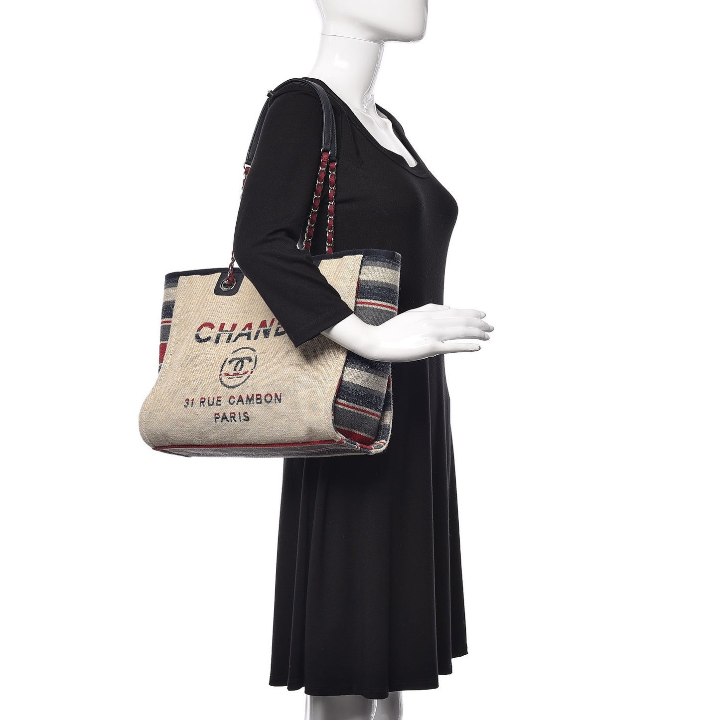 Striped Canvas Small Deauville Tote Beige