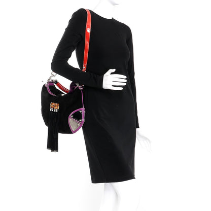 Gucci Suede Medium Indy Top Handle Hobo Black Purple Red 2 of 10