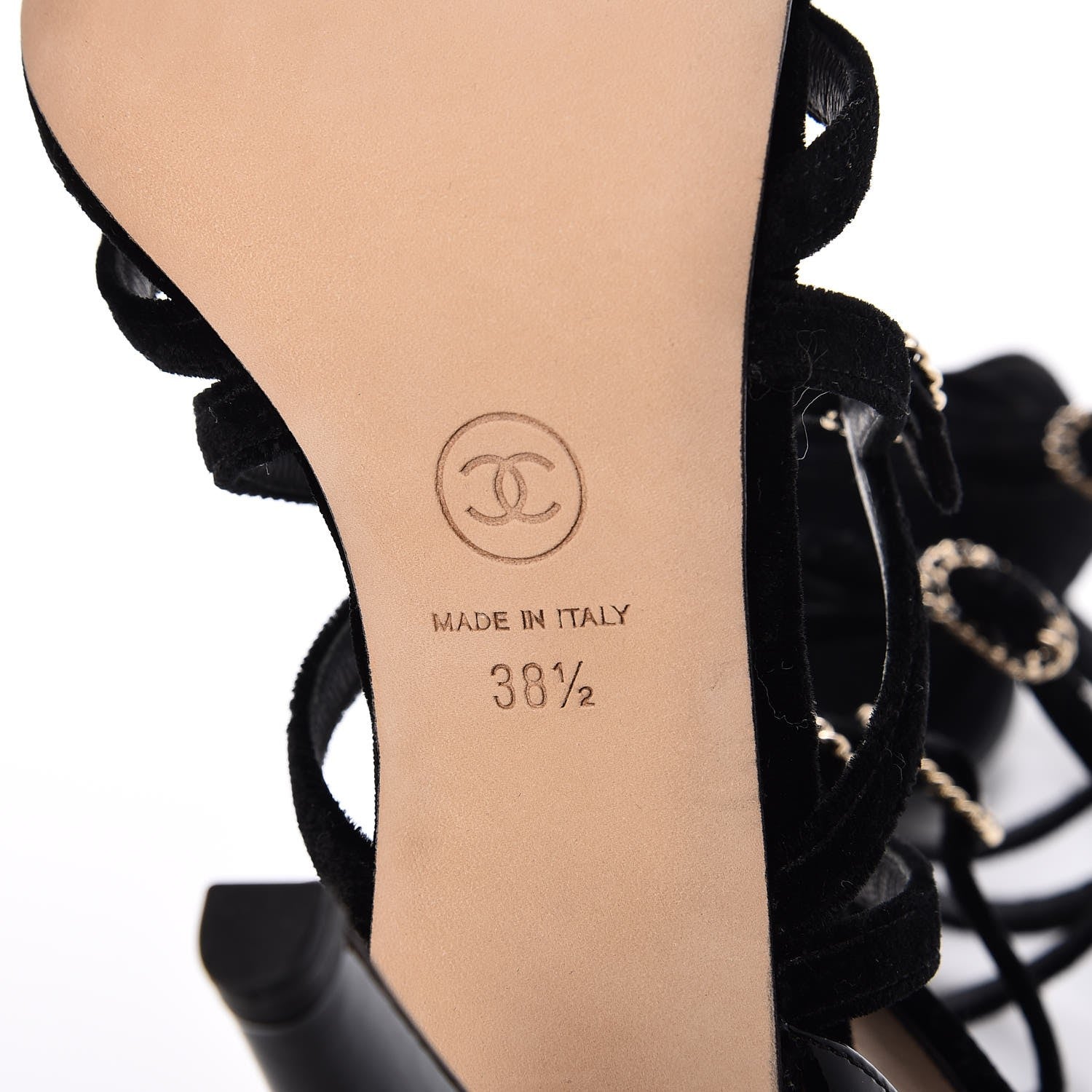 Chanel Velvet Patent Buckle CC Sandals 38.5 Black 6 of 8